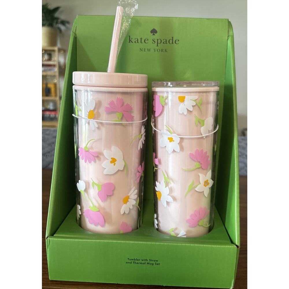 New Kate Spade New York Floral Tumbler with Straw and Thermal Mug Gift Box Set